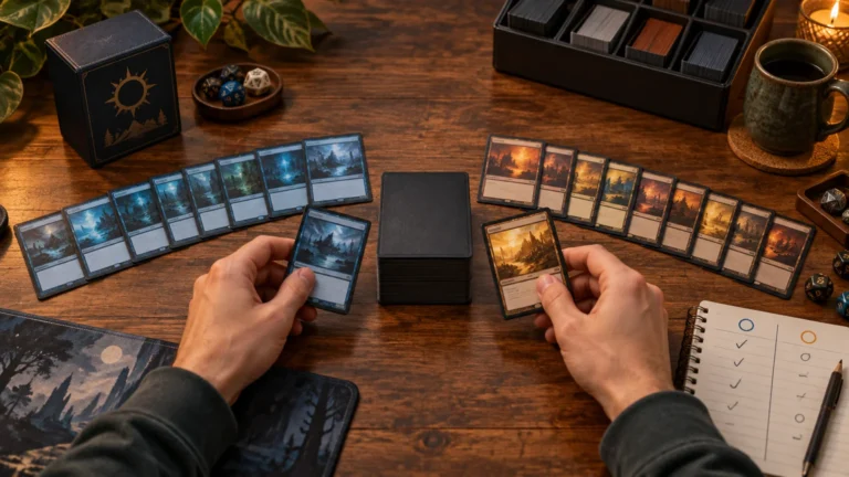 Warm overhead tabletop scene showing hands comparing two fanned groups of fantasy-themed sleeved cards beside a central deck, a checklist notebook, dice, deck boxes, and a coffee mug.