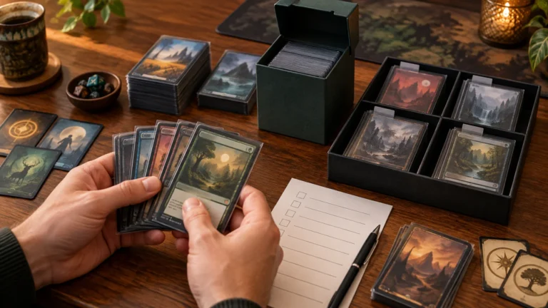 Hands sort sleeved fantasy trading cards beside deck boxes, tray-organized card stacks, dice, a pen, and a blank checklist on a warm wooden table.