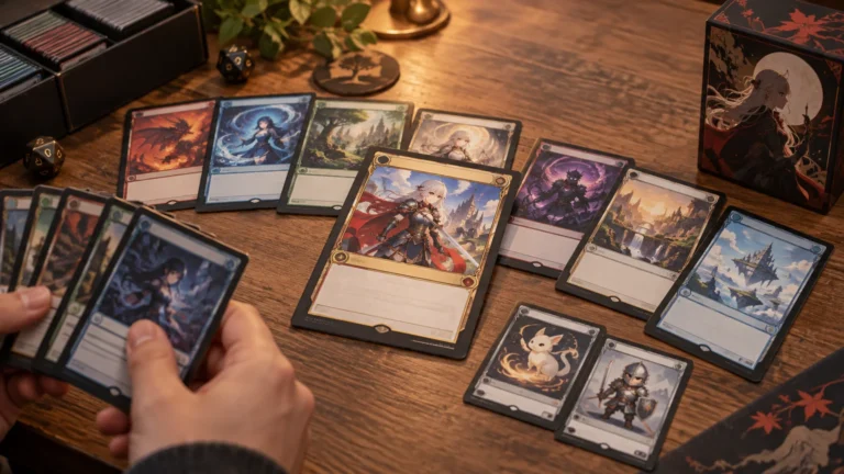 Warm tabletop scene with hands holding a fan of fantasy-anime trading cards, while more illustrated cards, two small token-like cards, dice, a card storage box, and an anime-character deck box are arranged on a wooden table.