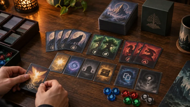 Warm overhead tabletop scene with hands arranging illustrated sleeved token-style cards, colored counters, a deck box, card storage trays, and a stacked deck.