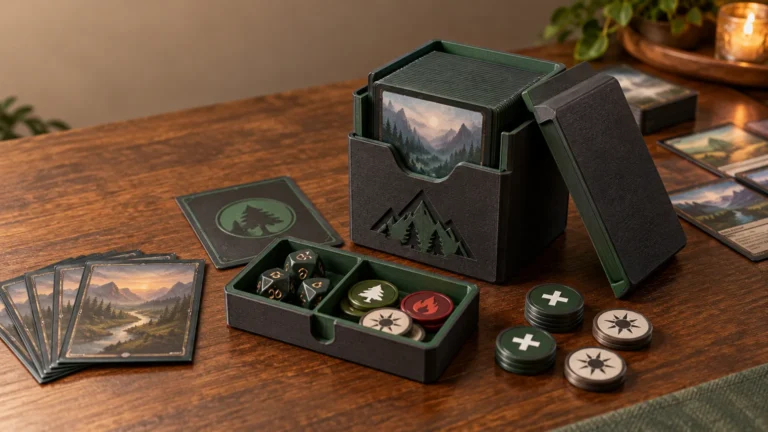Dark green and black 3D-printed card deck box with a mountain-and-pine cutout, holding a sleeved deck on a warm wooden table beside a divided tray of dice and round game tokens.