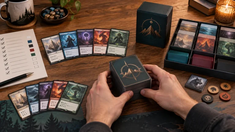 Warm tabletop scene with hands holding a sleeved card deck beside rows of fantasy-themed cards, a checklist, sorting tray, deck box, tokens, dice, and a lit candle.