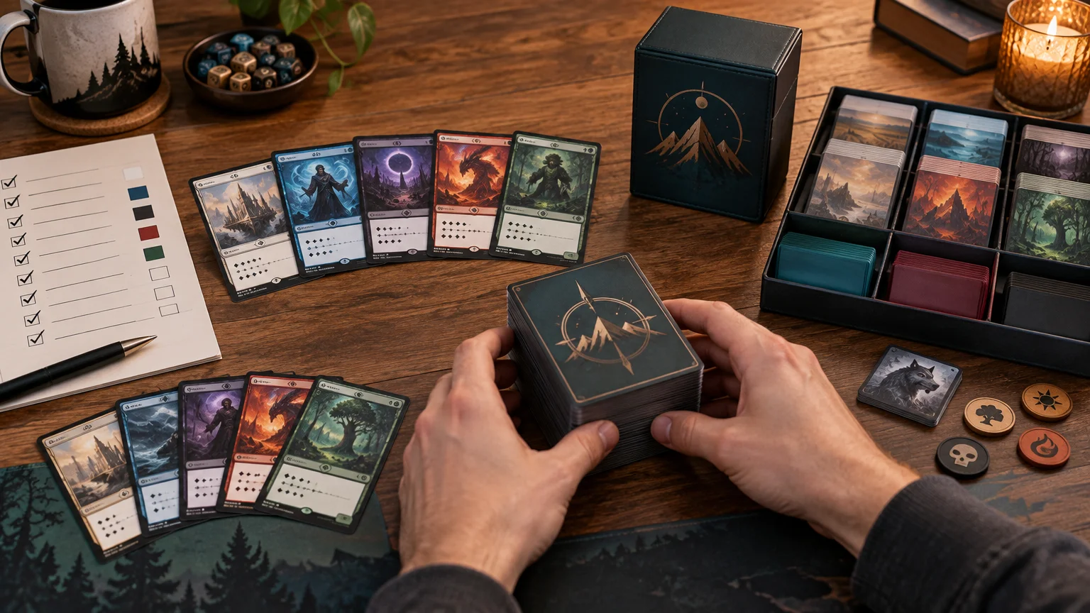 Warm tabletop scene with hands holding a sleeved card deck beside rows of fantasy-themed cards, a checklist, sorting tray, deck box, tokens, dice, and a lit candle.