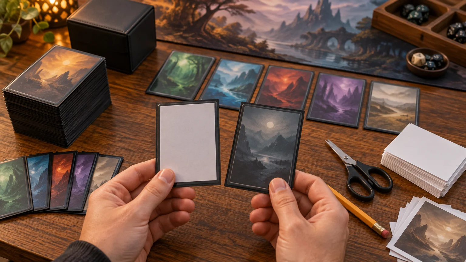 Hands compare a blank paper insert with a sleeved fantasy-art card on a wooden tabletop surrounded by sleeved card stacks, deck boxes, dice, scissors, a pencil, and cut paper.