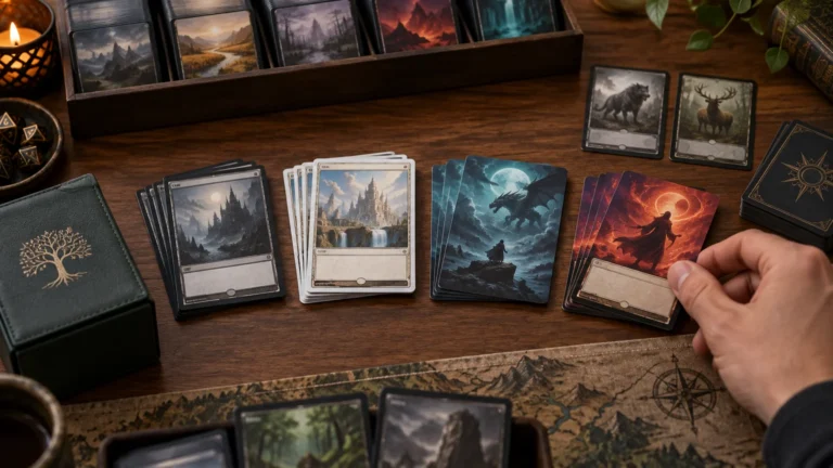Warm tabletop scene showing several stacks of fantasy-themed trading-card proxies with black, white, borderless, and extended-art-style treatments, alongside a deck box, dice, card tray, and a hand selecting a card.
