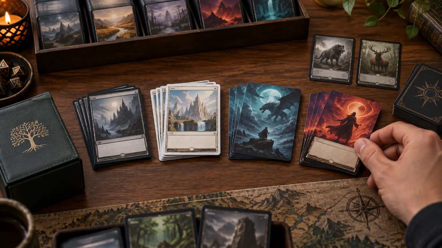 Warm tabletop scene showing several stacks of fantasy-themed trading-card proxies with black, white, borderless, and extended-art-style treatments, alongside a deck box, dice, card tray, and a hand selecting a card.