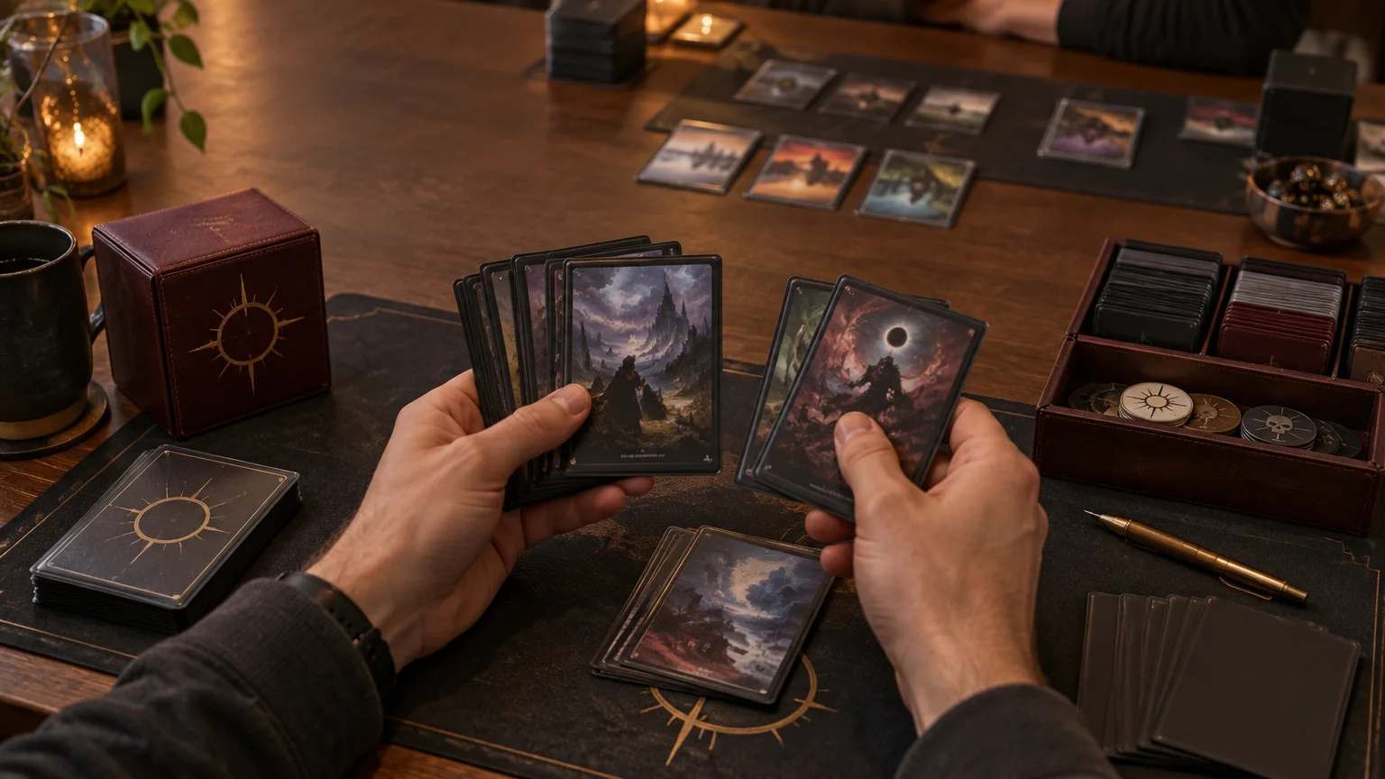 Hands sort a fan of dark-sleeved fantasy cards on a warm wooden game table with deck boxes, card stacks, tokens, and a pen.