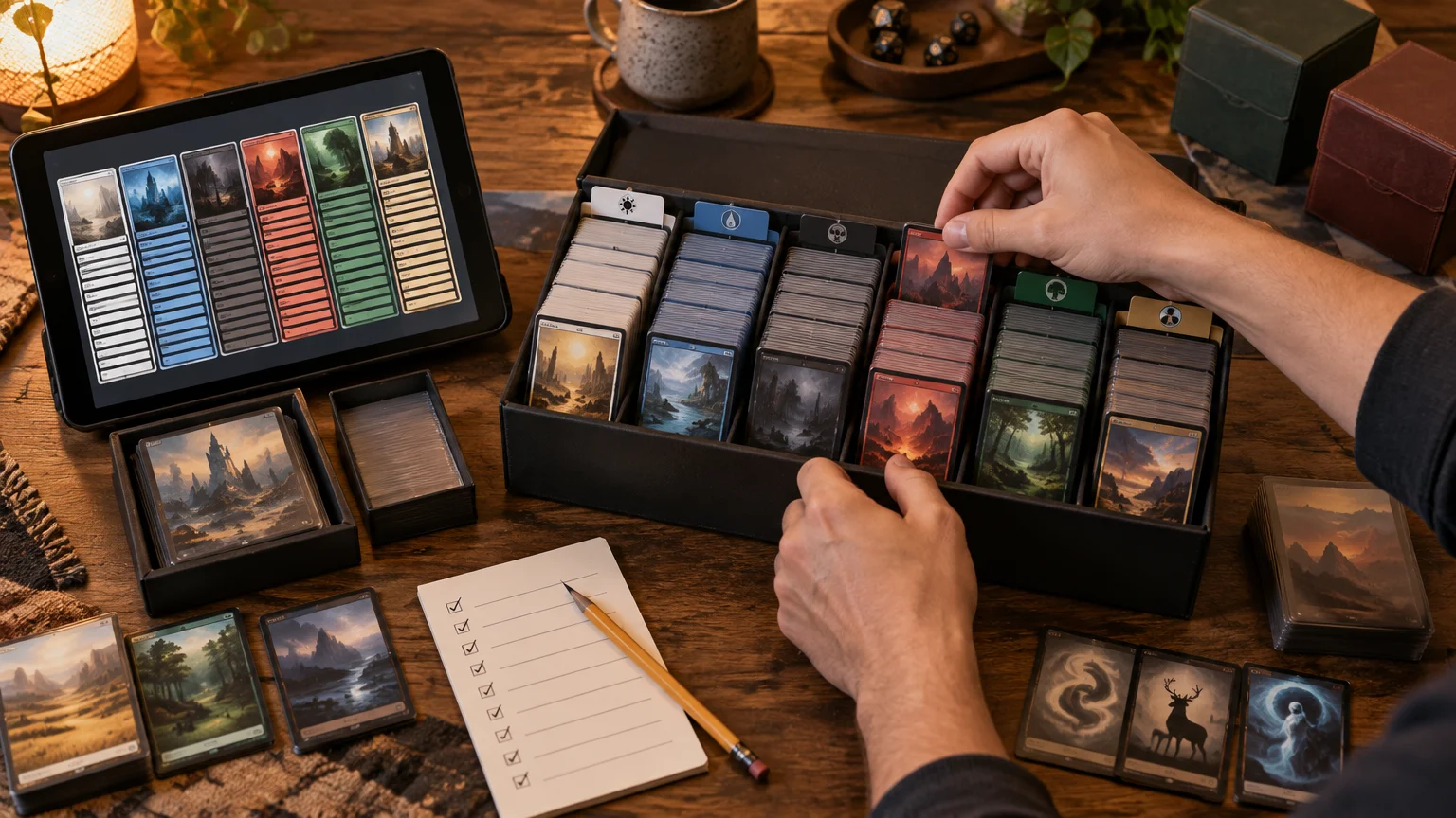 Warm tabletop scene of hands sorting rows of sleeved fantasy trading-card proxies in a black cube storage box, with a tablet showing color-coded card columns, deck boxes, tokens, and a checklist nearby.