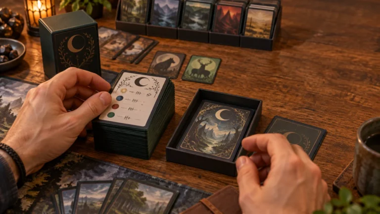 Warm tabletop scene with hands sorting a sleeved card deck beside open deck boxes, illustrated card backs, landscape cards, and a small row of creature-marked cards.