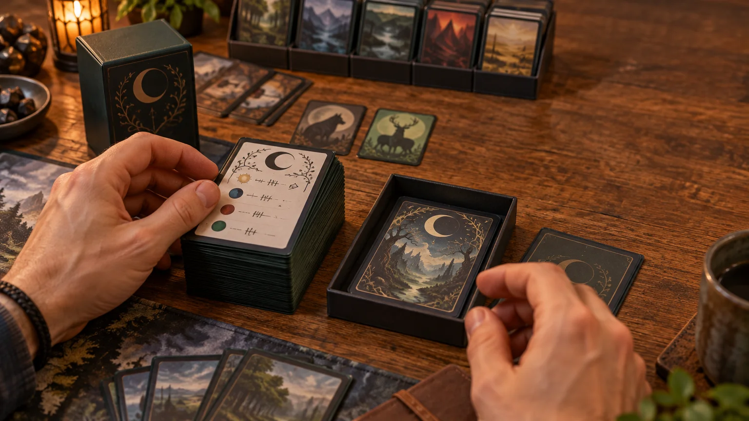 Warm tabletop scene with hands sorting a sleeved card deck beside open deck boxes, illustrated card backs, landscape cards, and a small row of creature-marked cards.
