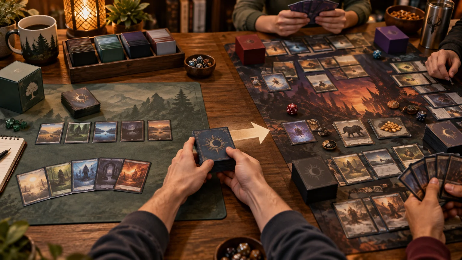 Warm overhead tabletop scene showing several people holding sleeved cards around two playmats, with deck boxes, dice, tokens, card rows, and a large arrow between a solo layout and multiplayer game.