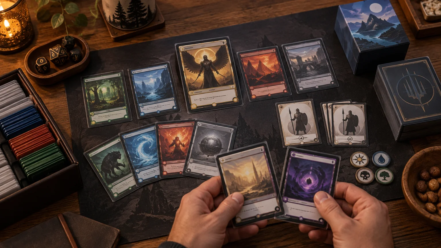 Warm overhead tabletop scene of hands comparing two sleeved fantasy cards beside arranged multicolored cards, a deck box, card trays, dice, and round game markers.