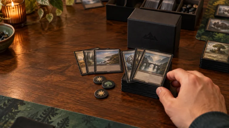 Warm tabletop scene with a hand arranging a sleeved deck beside fanned fantasy landscape cards, round game tokens, a black deck box, and a candle.